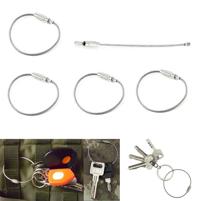 Edc hang draad ketting tag schroef bagage touw sleutelhanger cirkel bushcraft kit lock gadget ring sleutelhanger gereedschapskabel sleutel staal