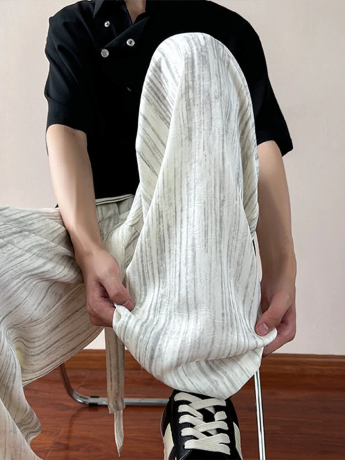 

Мужские летние тонкие брюки из окрашенного шелка в американском ретро-стиле, прямые, свободного кроя, модные, повседневные, с эффектом драпировки