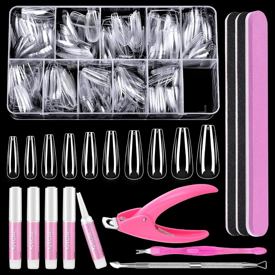 

Full Cover Coffin Nail Tips Set 500 Pcs Clear Pr On Nails with Glue Clipper Files Cuticle Pusher and Fork for Salons and Home D