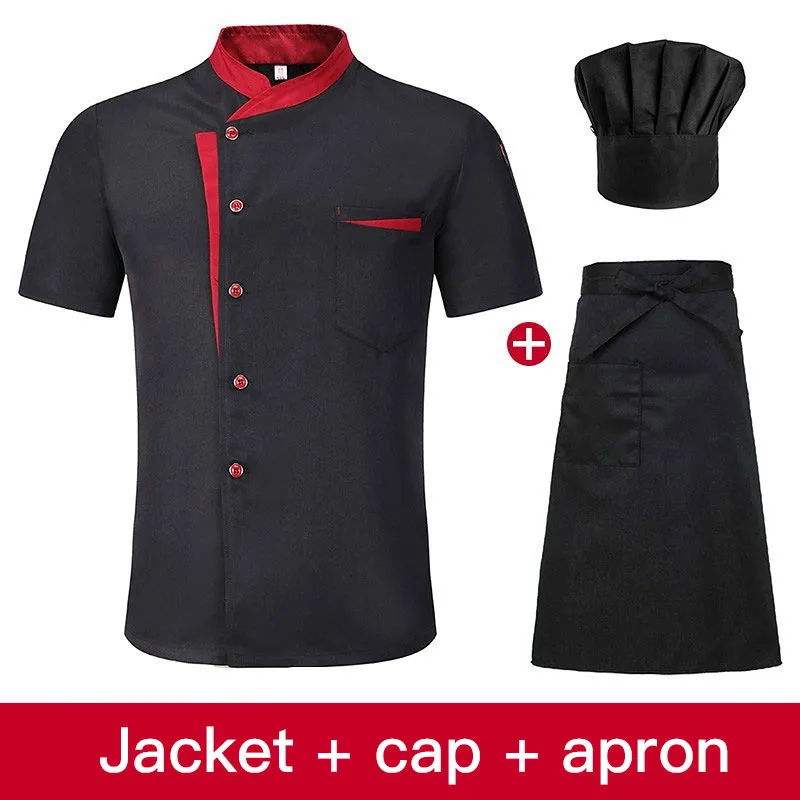 Conjunto de jaqueta chef de manga curta para homens e mulheres, Hotel Kitchen Work Uniform, Cook Restaurant, Camisas de cozinha, Chapéu, Avental, Roupas