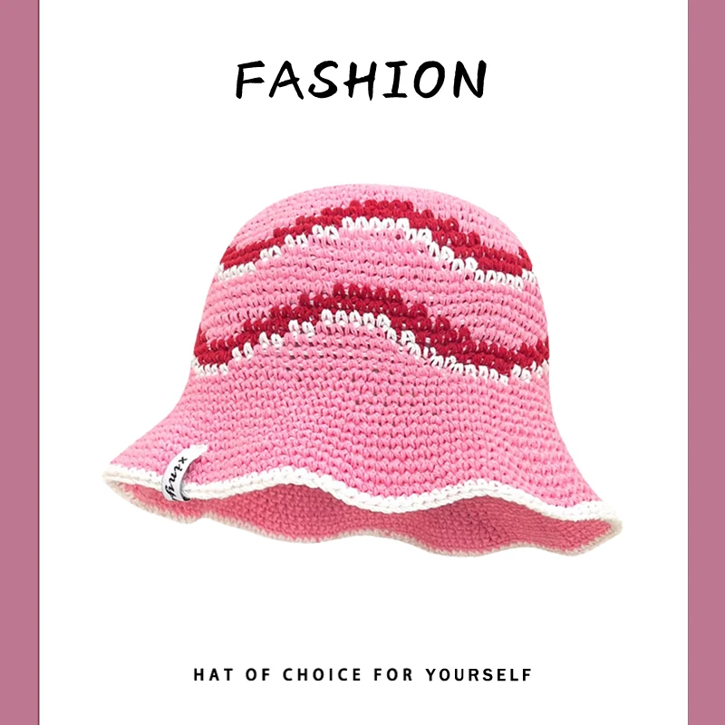 

Korean Niche Contrasting Striped Design Knitted Bucket Hats Women Spring Summer Travel Sunscreen Versatile Fashion Men's Cap