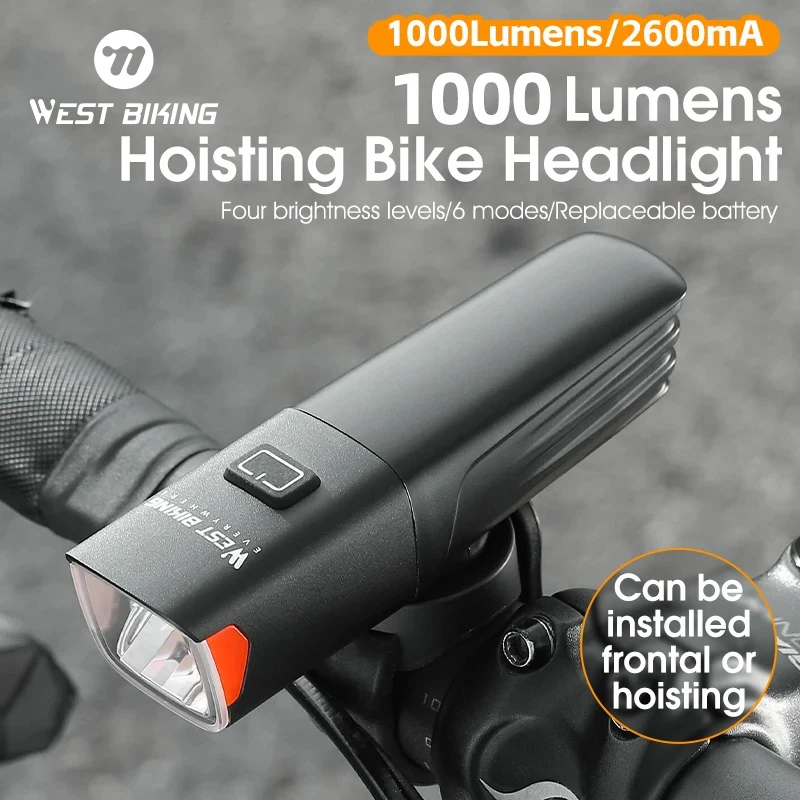 WEST BIKING 1000 Lumens Bicycle Light Type-C Charging MTB Road Bike Headlight 6 Modes Outdoor Cycling Aluminum Alloy Flashlight