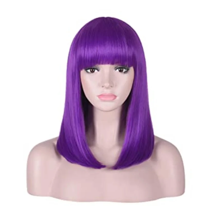 Dark Purple Wigs with Bangs Womens Purple Bob Wig Cosplay Party Costume Wigs