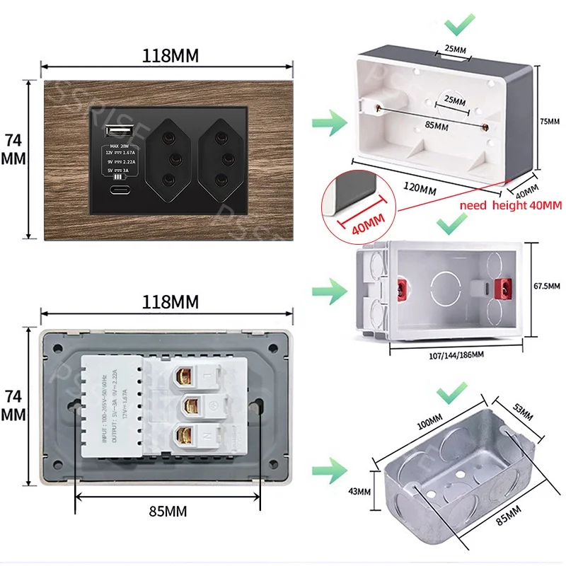 

Розетка-выключатель PSSRISE (бразильский стандарт) с зарядным устройством USB Type-C 5В 2.1А, панель под дерево, выключатель света, розетка для компьютера и ТВ