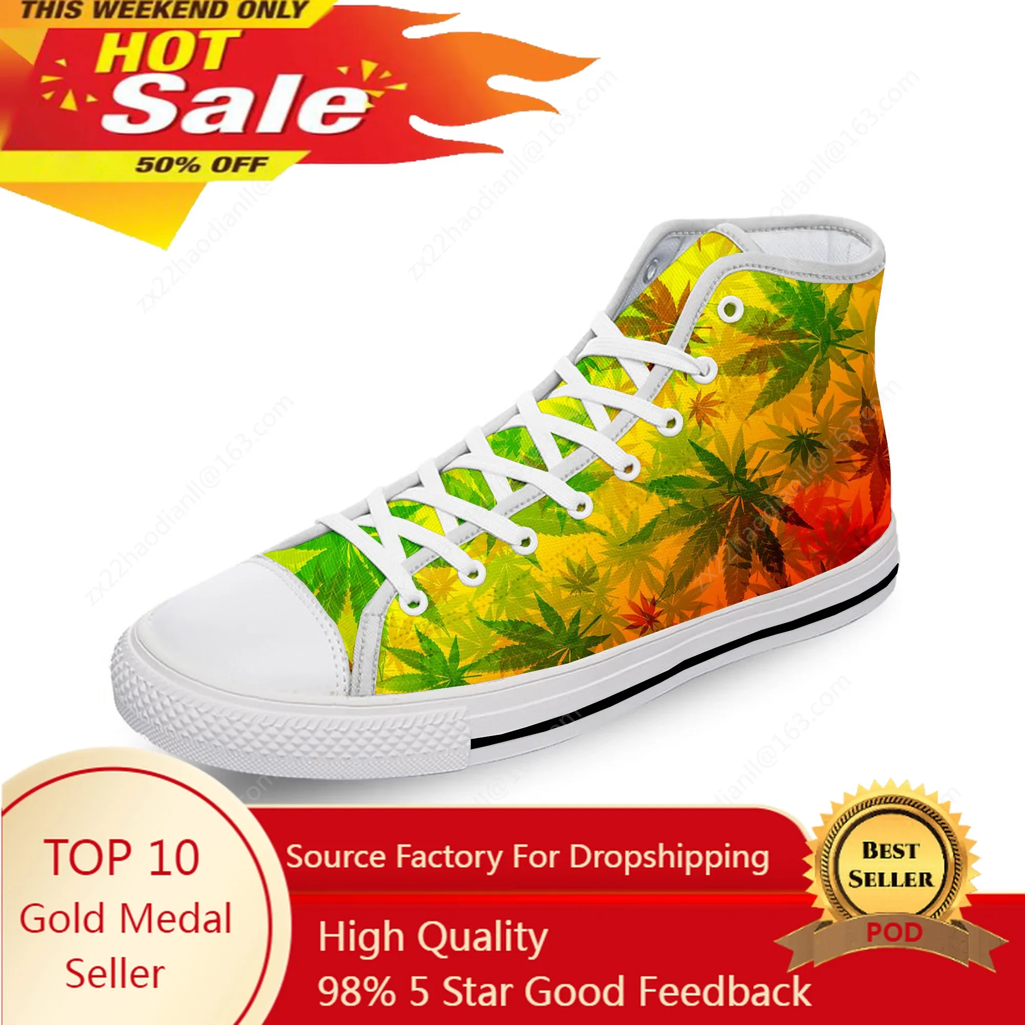

Reggae Rasta Leaf Pattern Cool White Cloth Fashion 3D Print High Top Canvas Shoes Men Women Lightweight Breathable Sneakers
