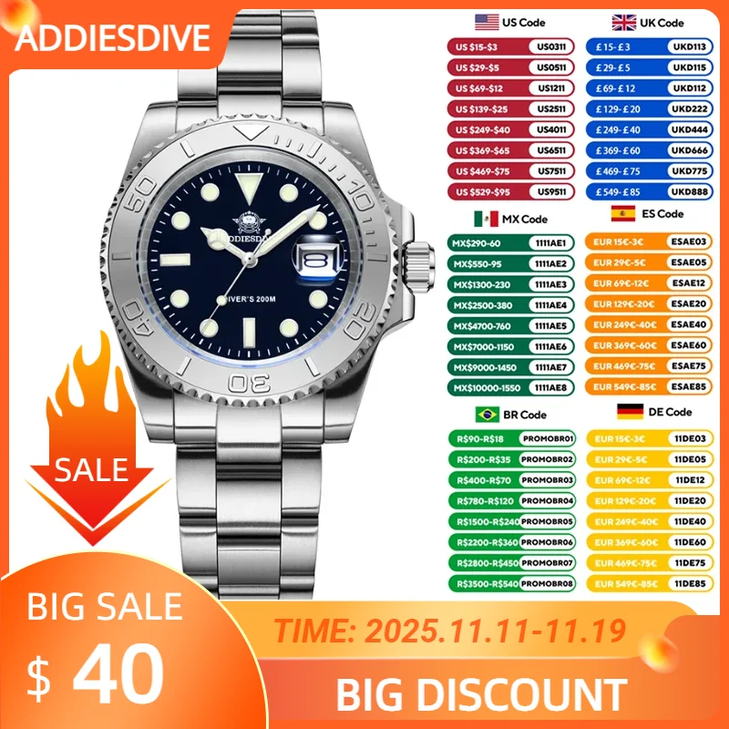 ADDIESDIVE Top Brand Quartz WatchBusiness Stainless Steel 200M Dive Super Luminous Watches Calendar Mens Wristwatch Reloj Hombre
