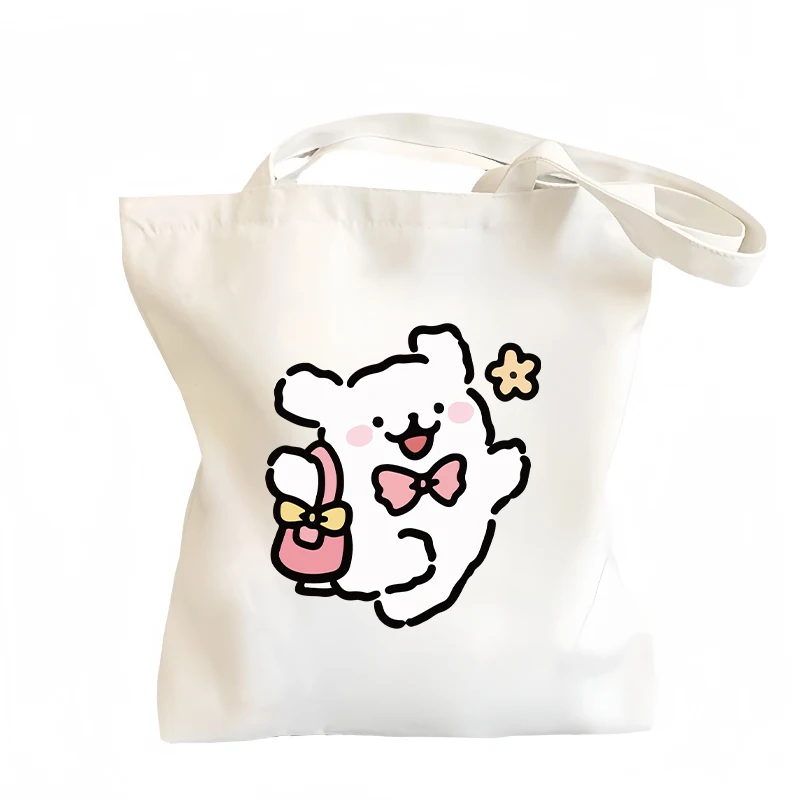 الكرتون جرو المالطية Kawaii حقيبة تخزين من القماش حقيبة يد الطلاب عادية المحمولة قابلة لإعادة الاستخدام سعة كبيرة أنيمي حمل الحقيبة الهدايا