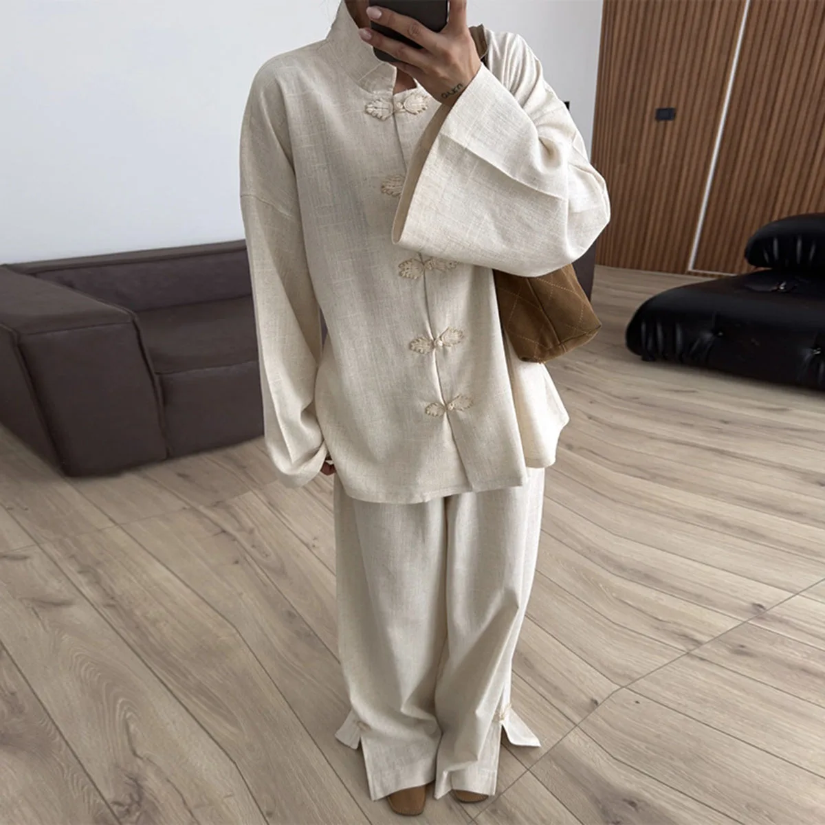 

BJTZ Women New Chinese Style Elegant Long Sleeve Shirt Wide Leg Pants Outfit Spring Autumn
