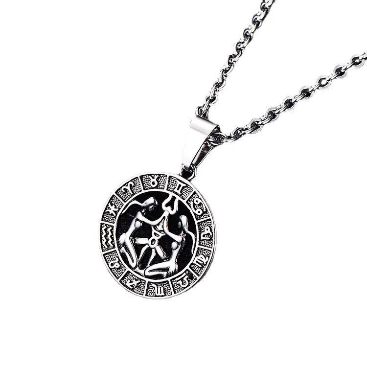 1 Set 12pcs Round Design 12 Zodiac Sign Constellations Horoscope Stainless Steel Pendant Necklace Chains