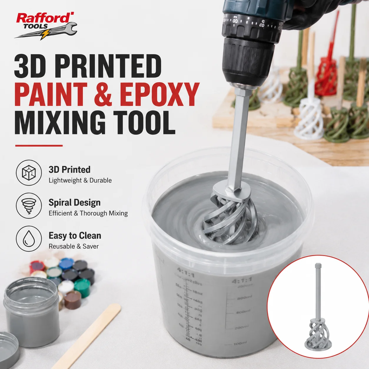 Rafford Spiral Paint & Epoxy Resin Mixer, Drill Attachment Mixing Paddle Tool, Fast Uniform Stirring for Coatings Adhesives PETG
