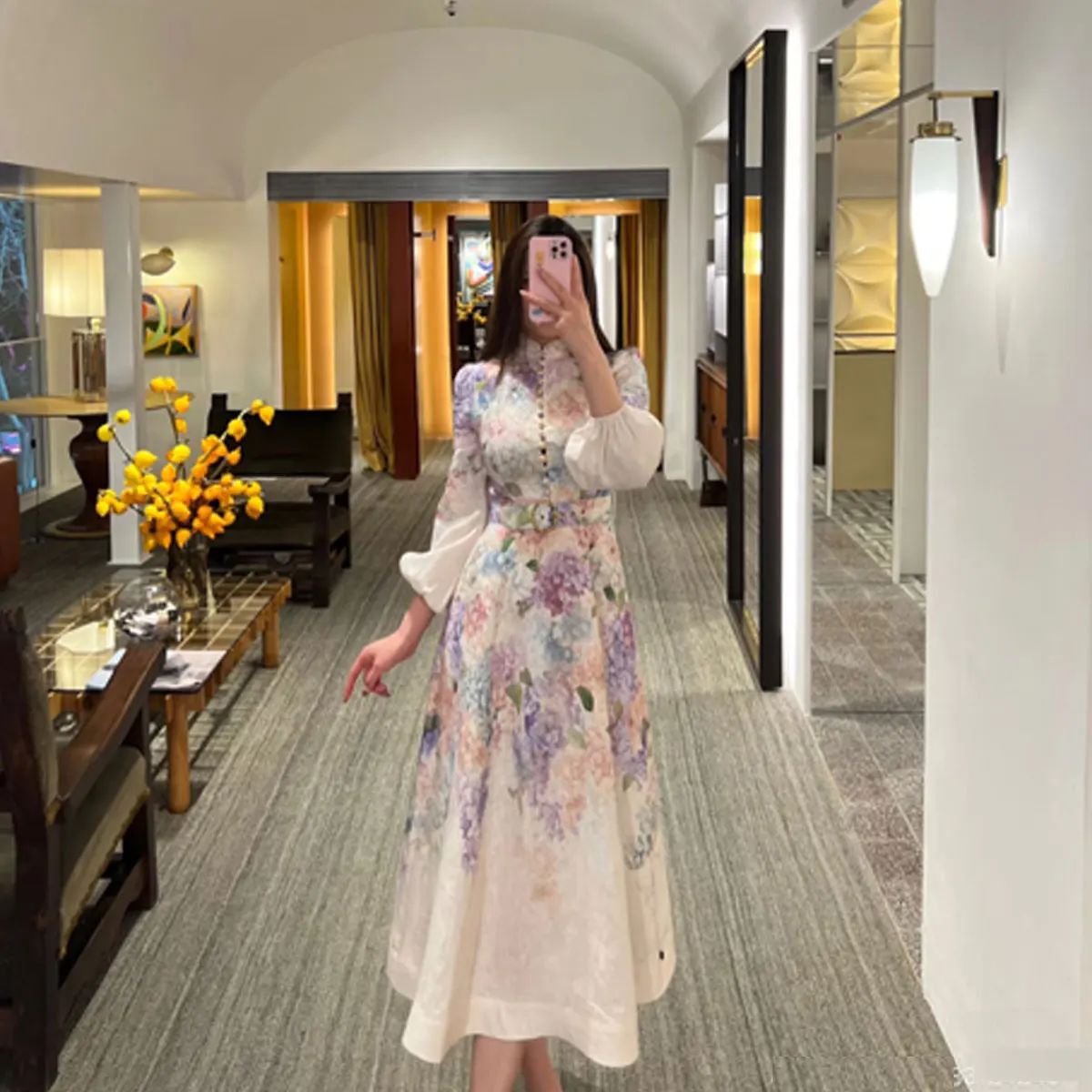 Pink Peach Print Slim Fit Lantern Sve Heavy Work Design Sense Metal Bule Lace Dr Sa ket High Waist Midi Dr