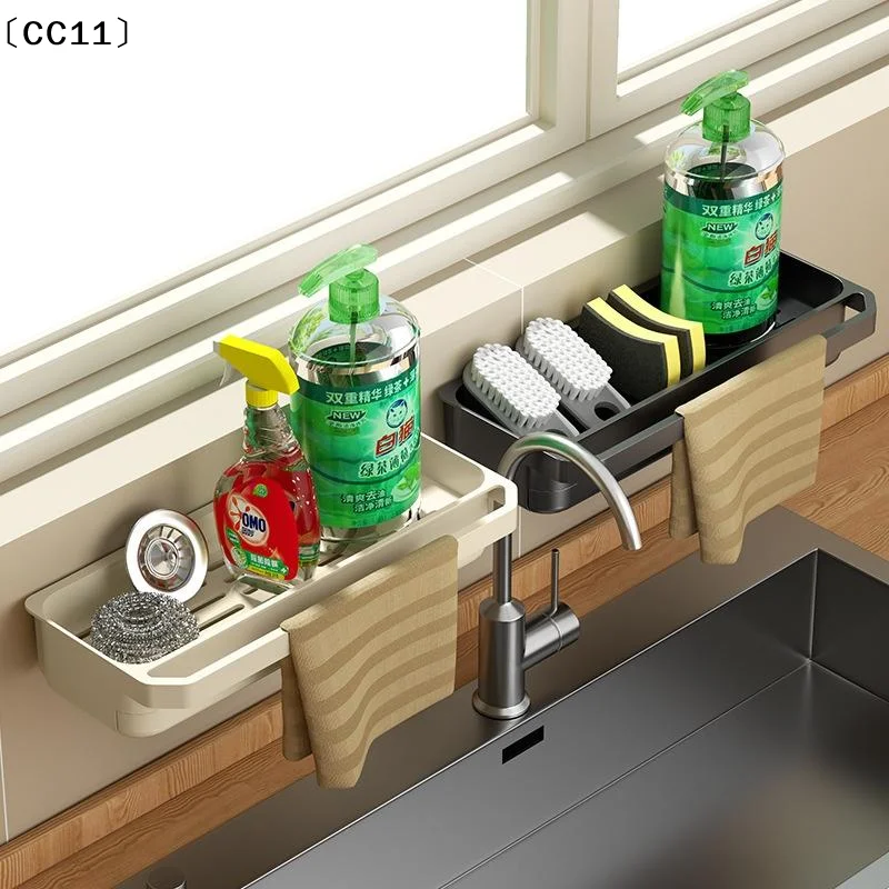 No-Drill Kitchen Sponge Drying Rack Sink Caddy For Dish Soap With Towel Bar Bathroom Storage Holder〔CC11〕