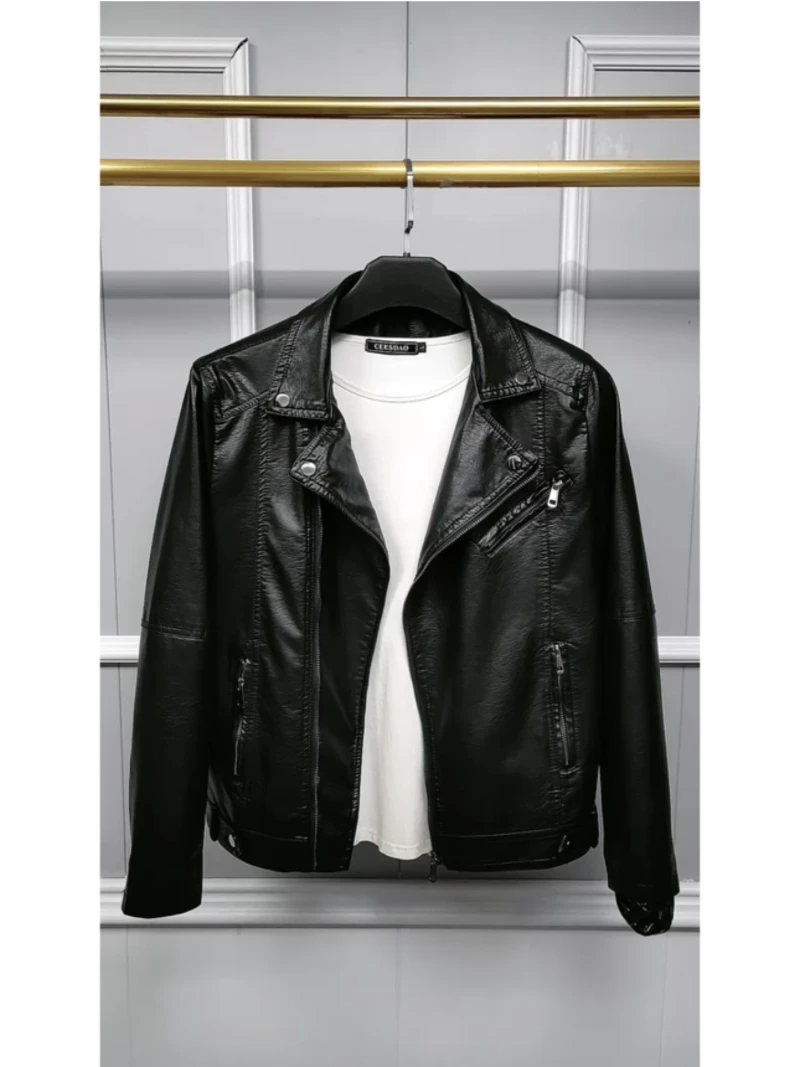 

Slim Fit Men's Leather Jaet Casual Faionable Retro Spring Outerwear ort Sle Turn-down Collar Youthful Energy Trend