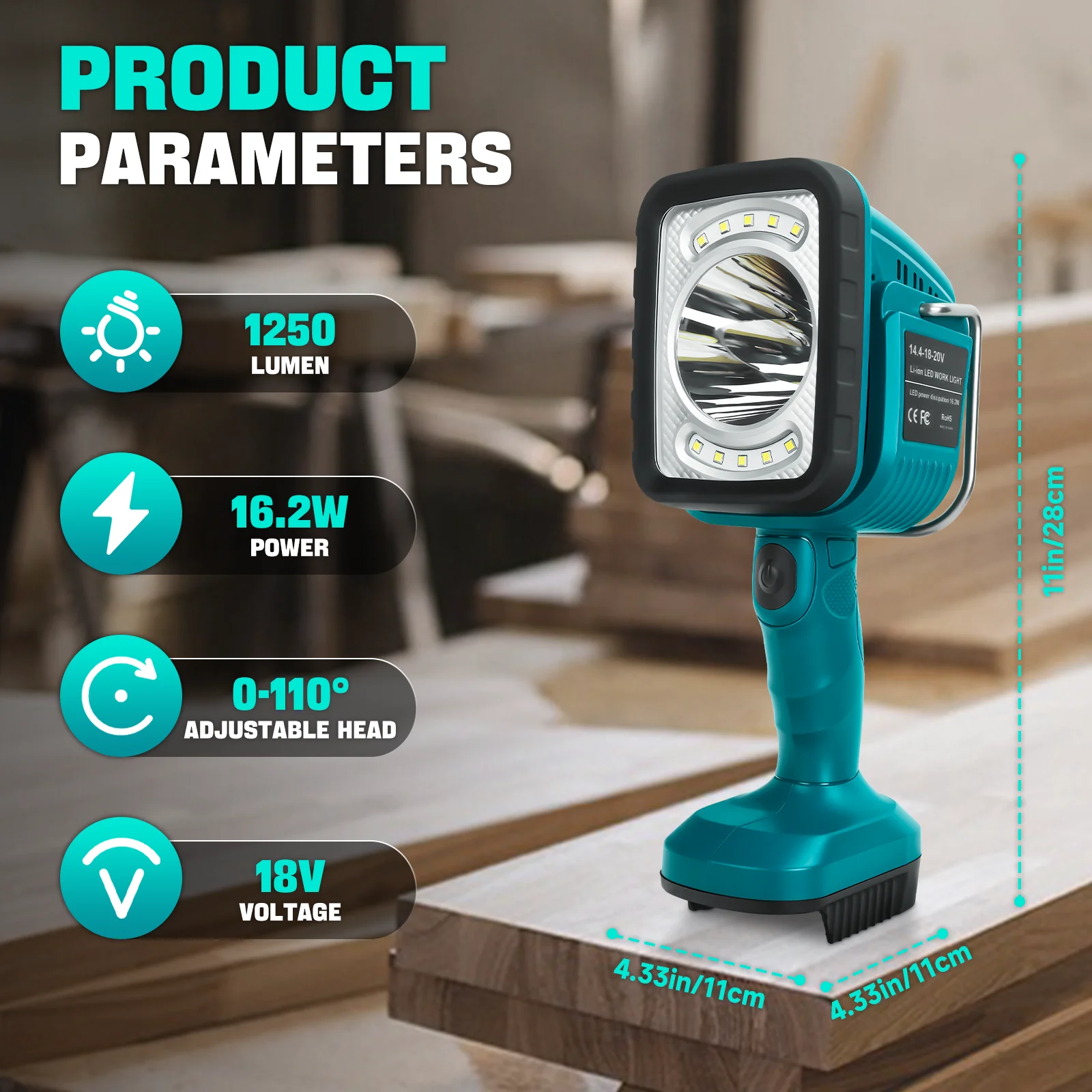 Cordless LED Work Light Flashlight 16.2W 1250LM Portable Handheld Spotlight Outdoor Camping Tool Light for Makita 18V Battery