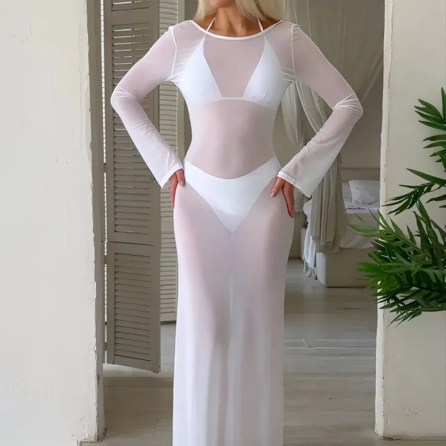 

Swimwear Women Bikini Mesh Sheer Mesh Bikinis Solid Color High Cut Leg V Neck Swimsuit Long Sleeve Flared Hem Two Piece Swimsuit
