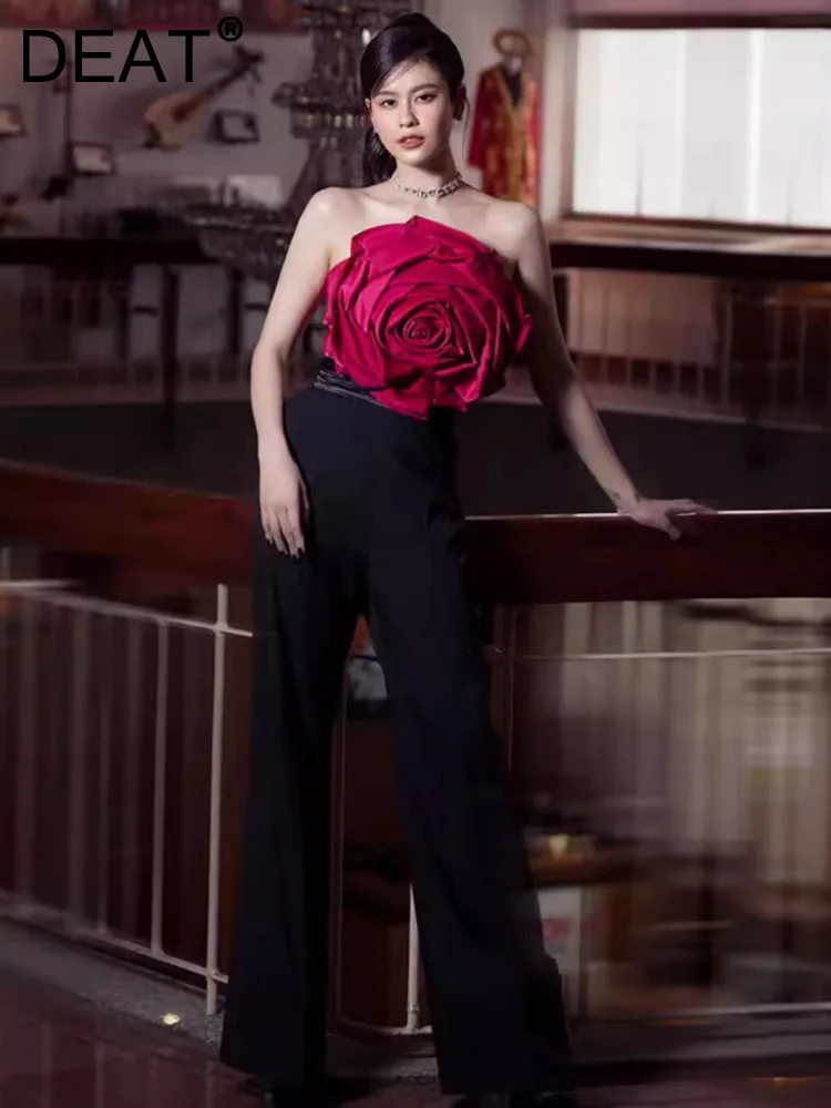 

DEAT Elegant 2 Pcs Set 3D Flower Strapless Top High Waist Straight Pant Women's Evening Party Suits 2024 Summer New Tide 35Z816