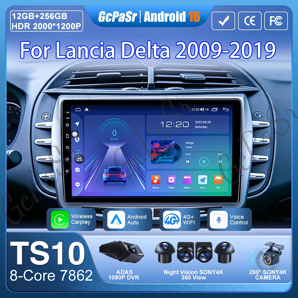 Para Lancia Delta 2009-2019: Central Multimídia Automotiva com Carplay, Navegação GPS, Android Auto, Android 16, Sem 2din, WiFi e Tela de Vídeo