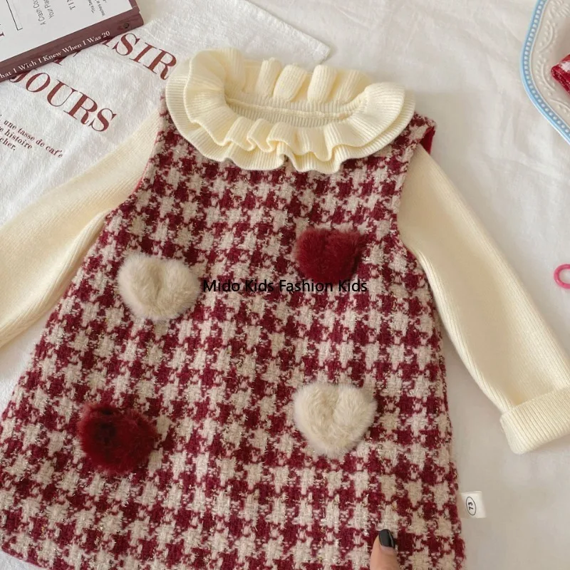 1-8Y Kids Winter Fleece Dress with Love Print Plaid Vest Dress for Girls Warm Thickened Casual Outfit 73-120CM