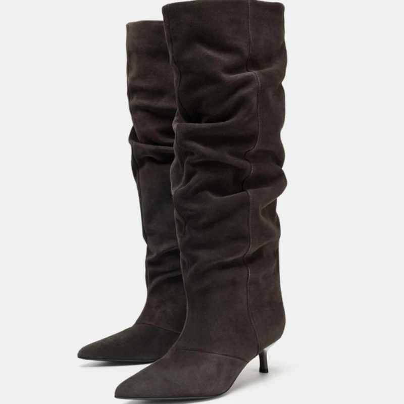 Suede Slouch Knee High Boots Women Stylish Pointed Toe Low Heel Long Boots Vintage Chic Ruched Design Fashion Fall Brown Boots