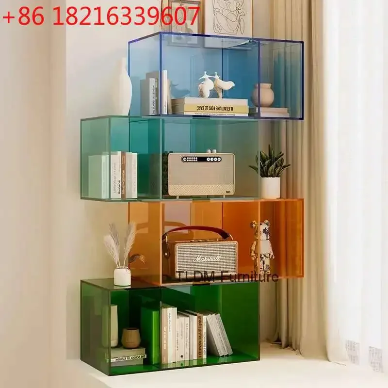 YAO Acrylic Bookshelf Cabinet Bedroom Light luxur Storage Shelf Bookshelf Living Room Floor Cabinet Light Luxury Bay Window Book