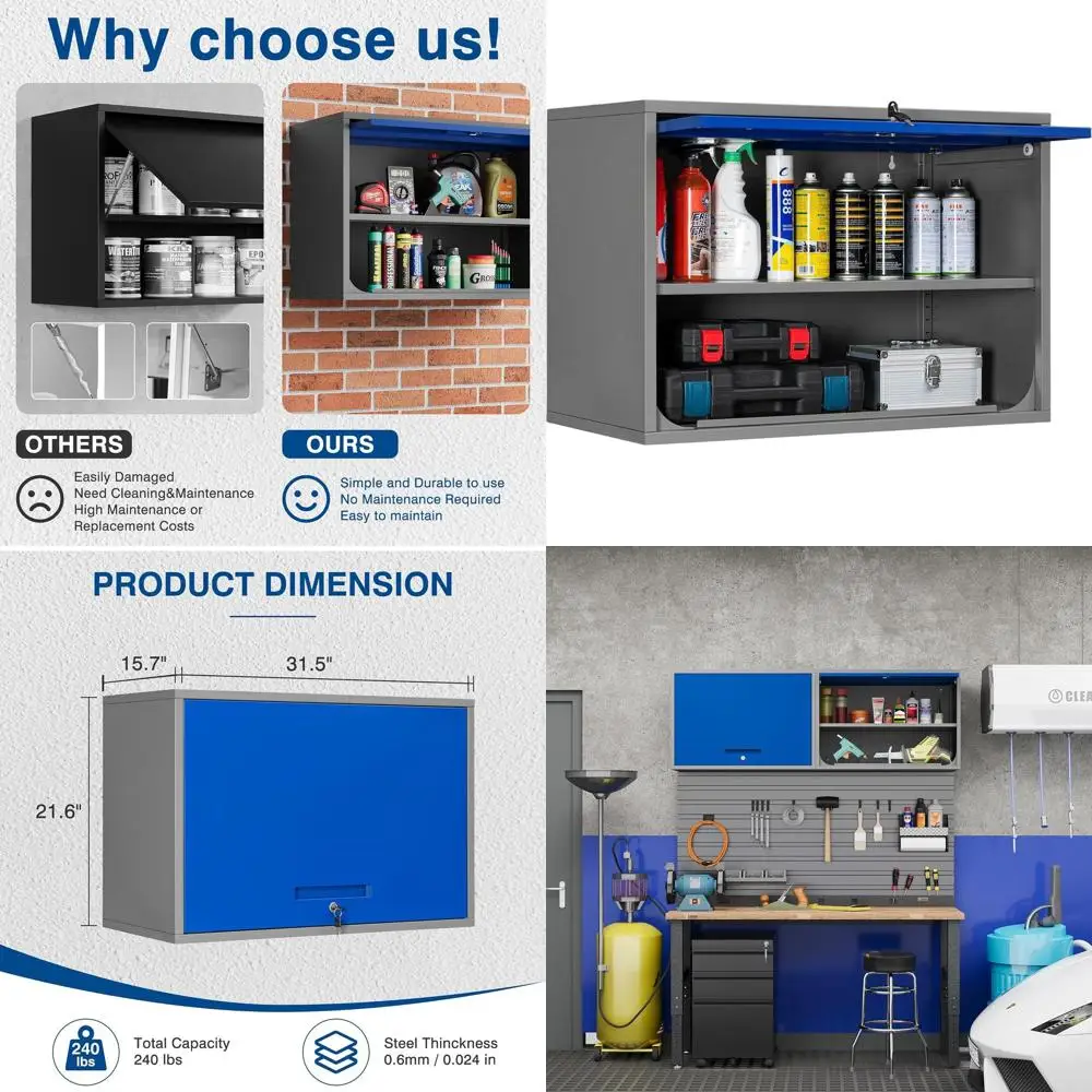 

Сине-серый настенный металлический шкаф для хранения с полками и запирающейся дверцей для дома, офиса или гаража