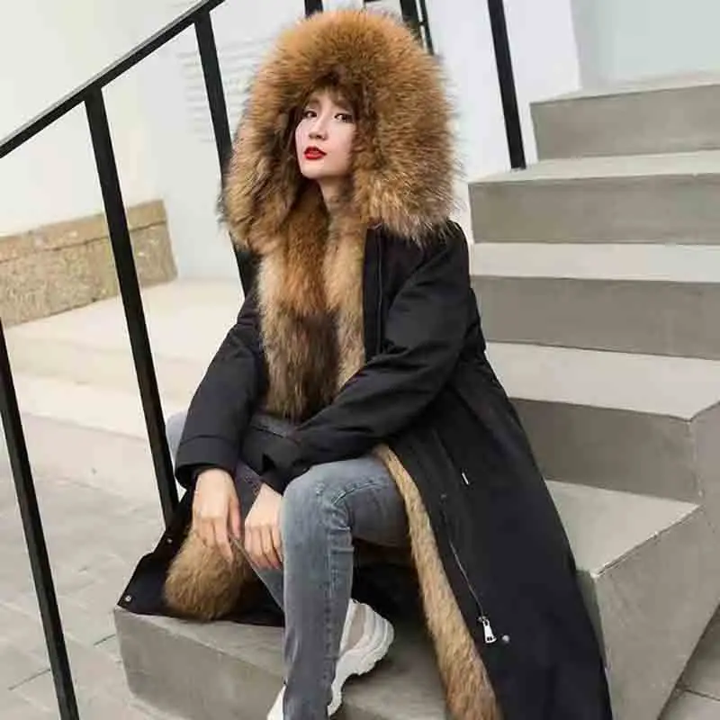 Winter New Knee-length Hooded Loose Slim Female Raccoon Fur Coat Lined with Detachable Fur Warm and Casual Coat Female 5XL Parka