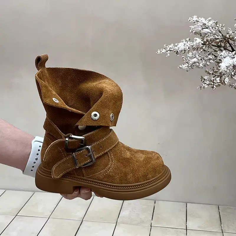 Kids Motorcycle Boots for Boys Girls Rolled Cuff Mid Calf Suede Leather Boots Autumn Winter Fashion Shoes Cool Stylish Design
