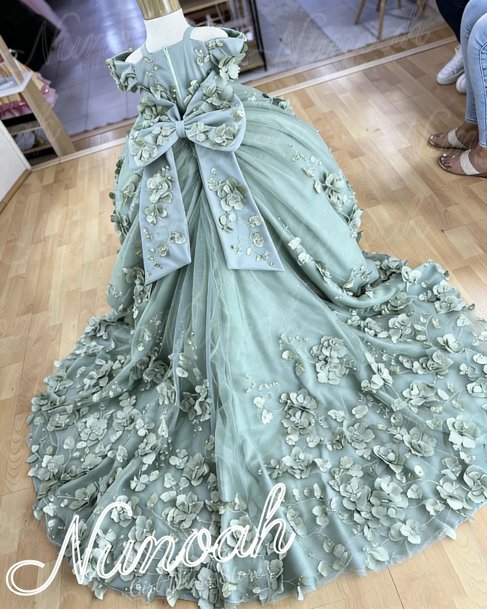 

Green Flower Girl Dress For Wedding 3D Floral Lace Appliques Girl Birthday Party with Trail First Holy Communion Gown Customized