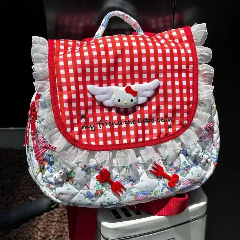 

New Hello Kitty Backpack Cartoon Kitty Cat Red Plaid Large Capacity Backpack Lace Decoration Summer Handbag Y2k Cute Girl Gift