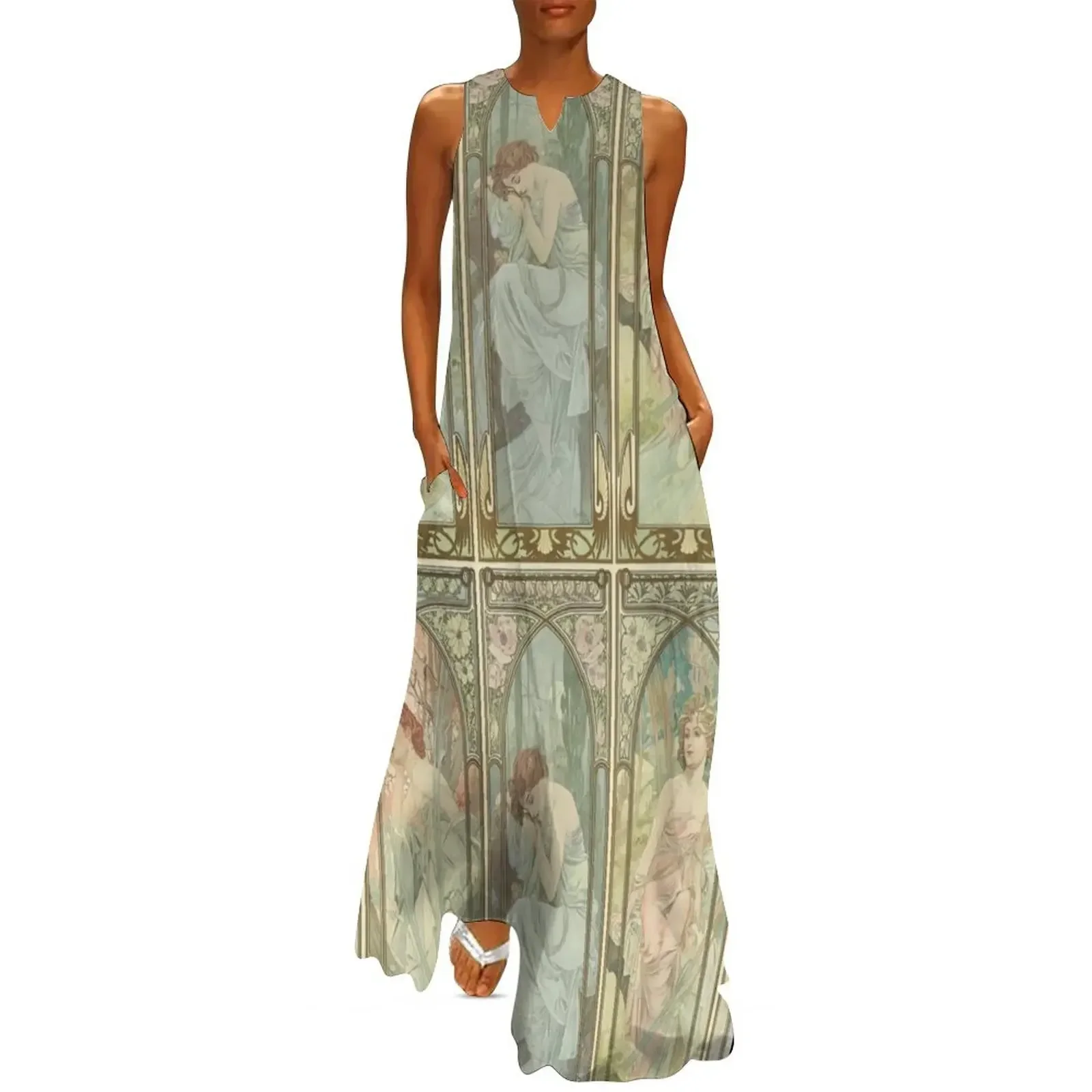 

Times of the day Art nouveau vintage art - Alphonse Mucha Long Dress Women's summer long dress Evening gown Dress