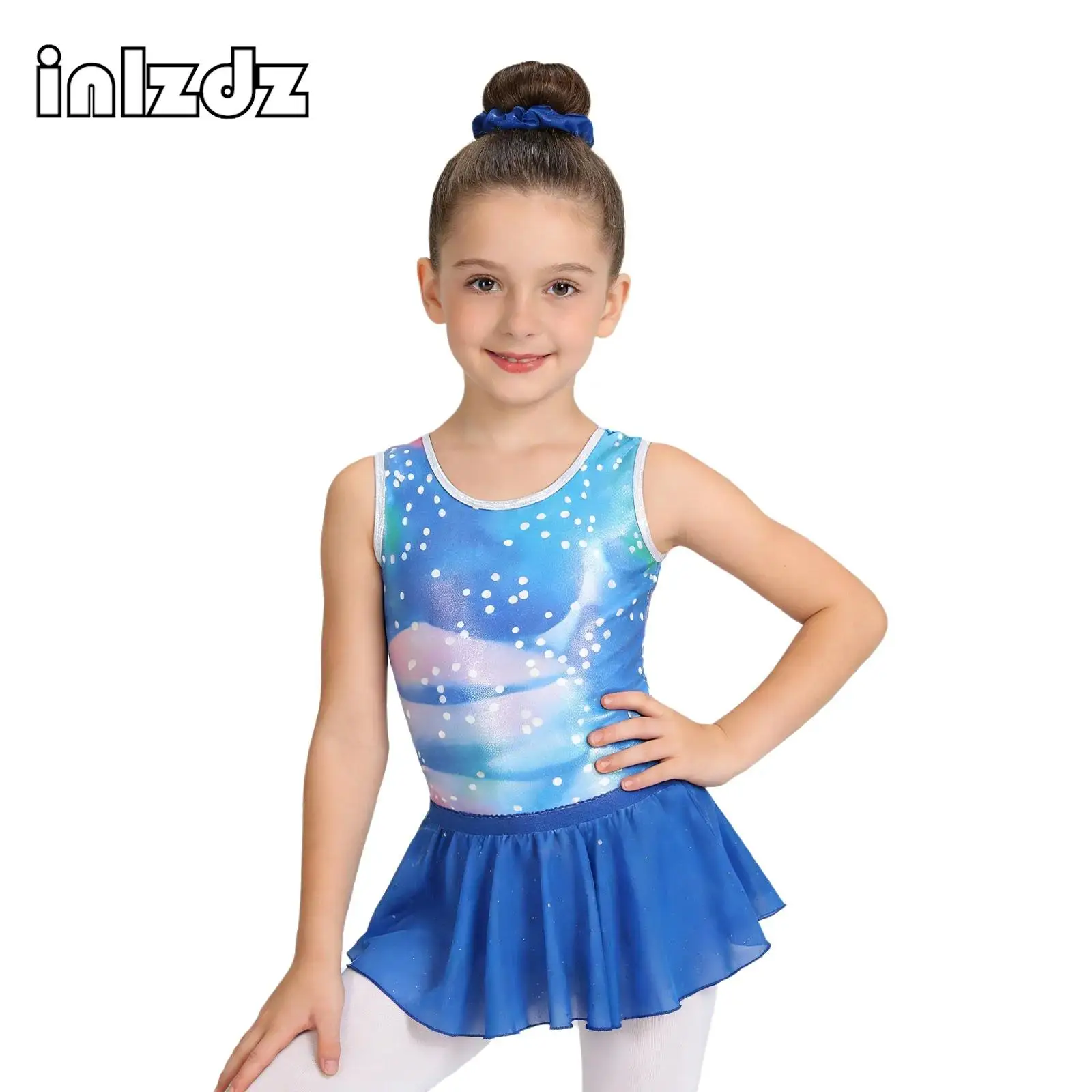 

5-12Y Kids Girls Figure Skating Gymnastics Ballet Dance Outfit Sleeveless Snowflake Printed Metallic Leotard+Skirt+Hair Band Set