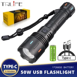 New White Spotlight LED Flashlight with Fluorescent Long Shot Lighting Outdoor Adventure Aluminum Alloy USB Rechargeable 50watts