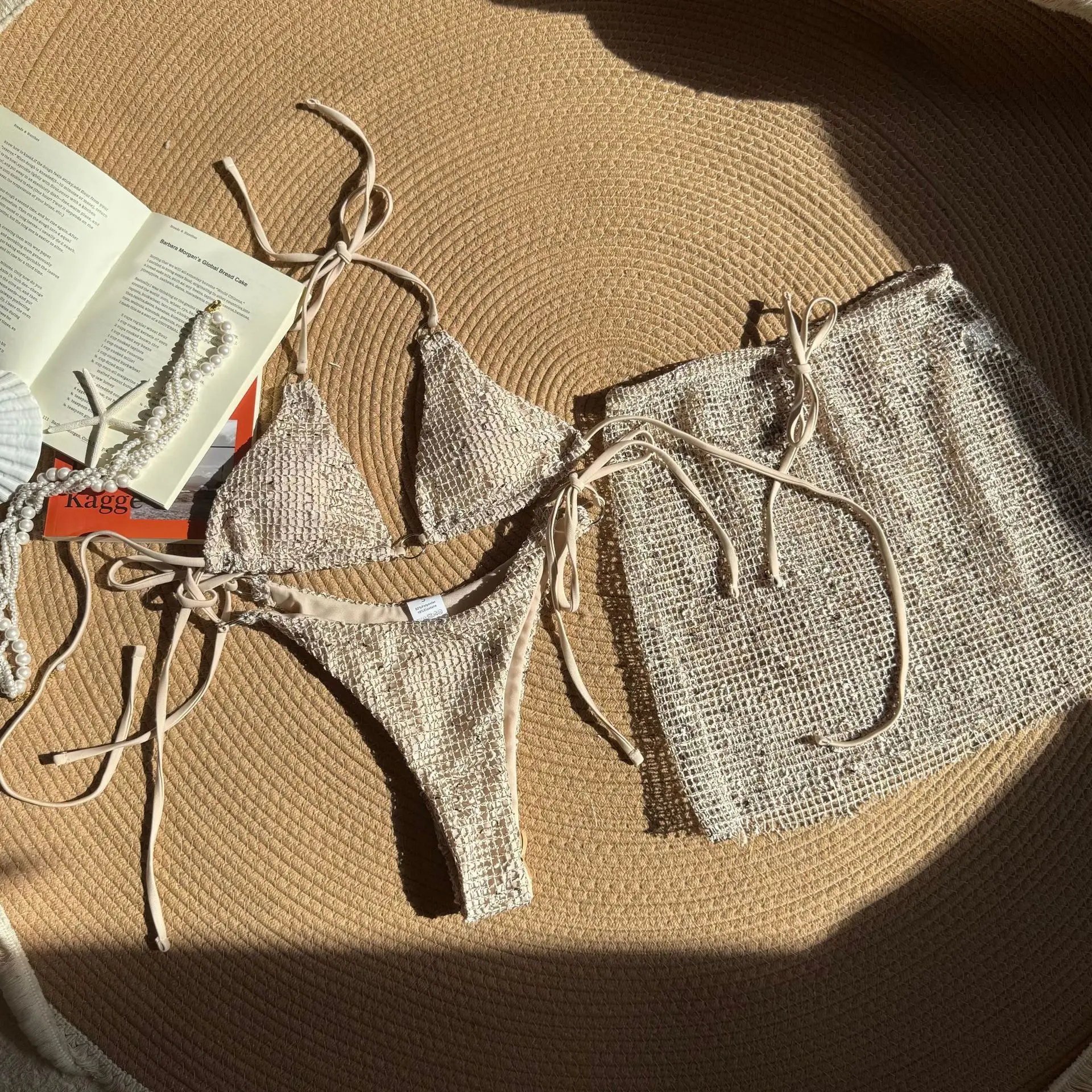 Women Glitter Bikini Sets Three Pieces with Perspective Mini Skirt Halter String Swimsuit Bathing Suit Beach Outfits Biquini