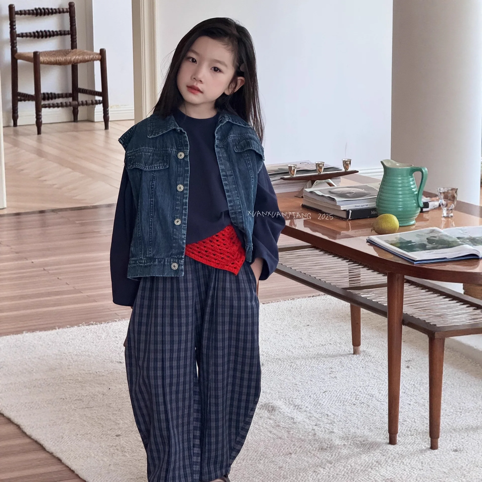 

Vintage Denim Vest 2025 Autumn Clothes Children's Casual Shoulder Vests Girls' Tops Children's Clothing