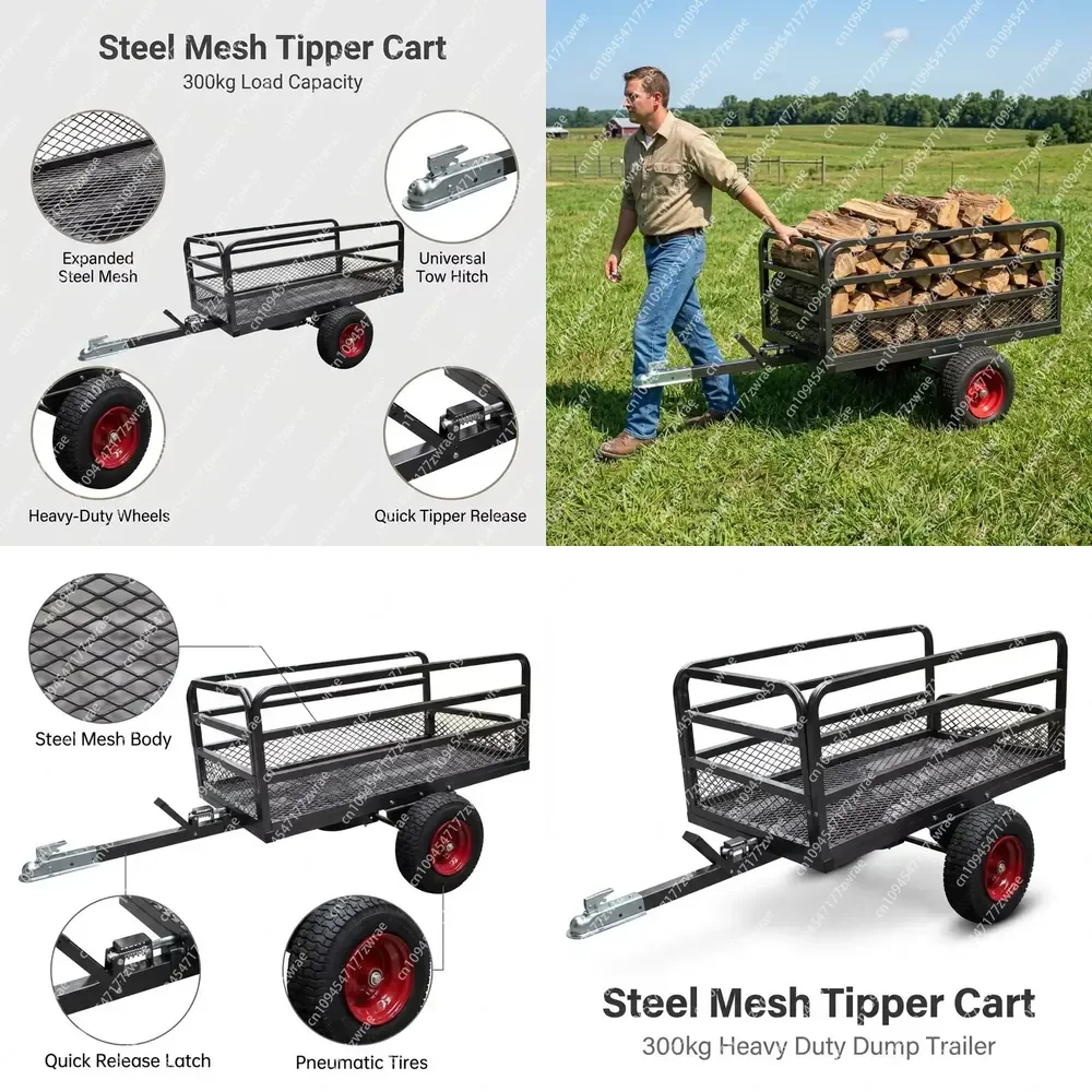 Yard Gravel Manure Landscaping ATV Quad Tipping Steel Mesh Trailer with Hitch