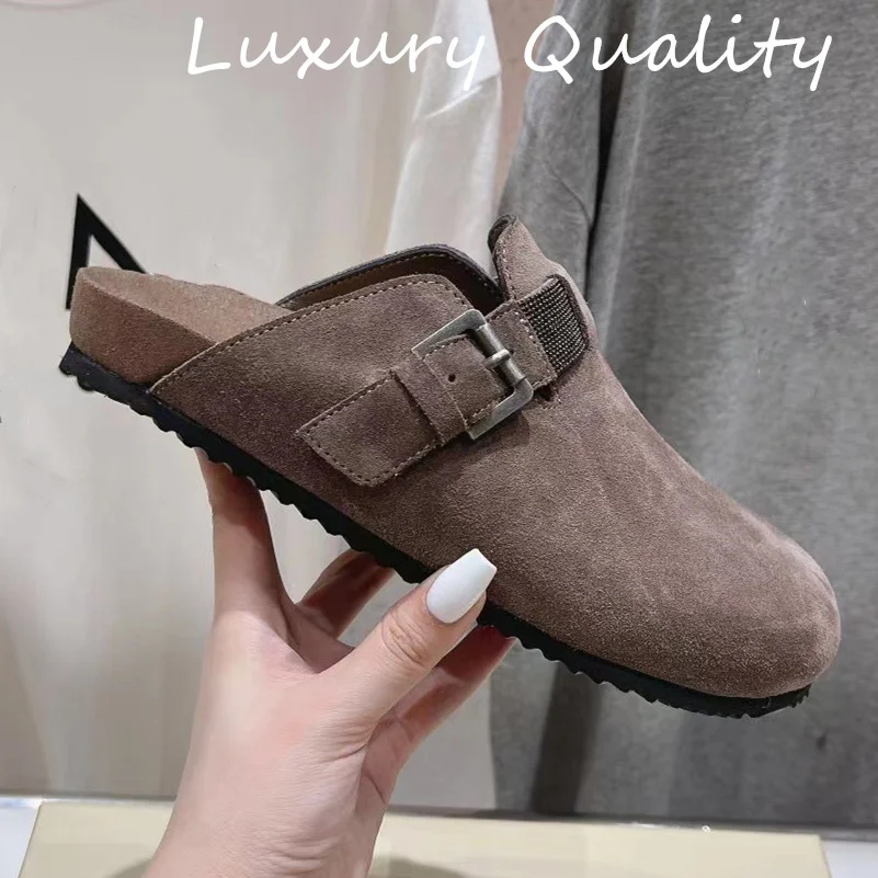 2024 Women's Round Toe Shoes Casual Flat Sandals Solid Color Metal Decoration Thick Sole Comfortable Buckle Strap Upper