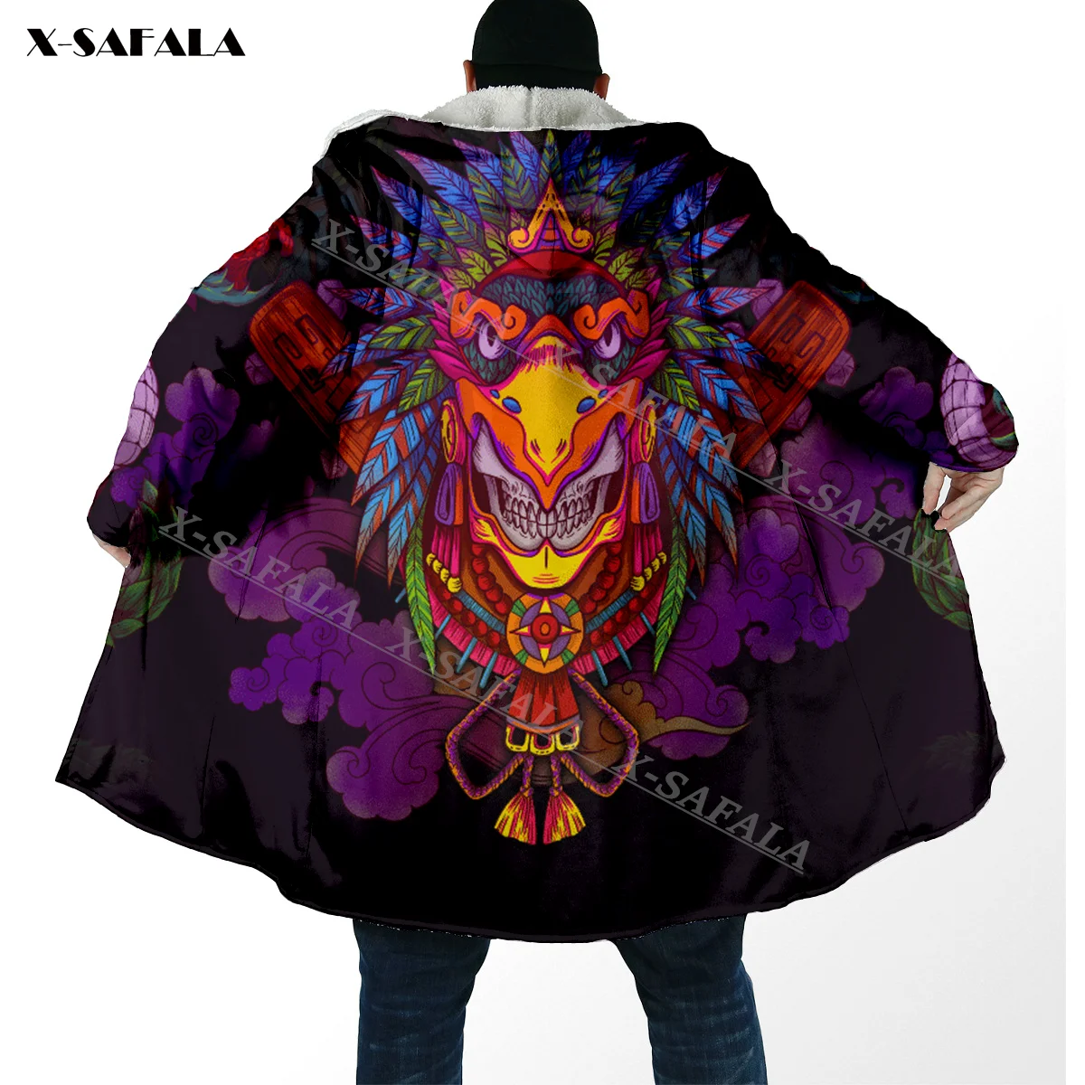 

Eagle Warrior Quetzalcoatl Aztec Winter Warm 3D Print Hoodie Long Fur Collar Hooded Blanket Cloak Quilted Cashmere Fleece