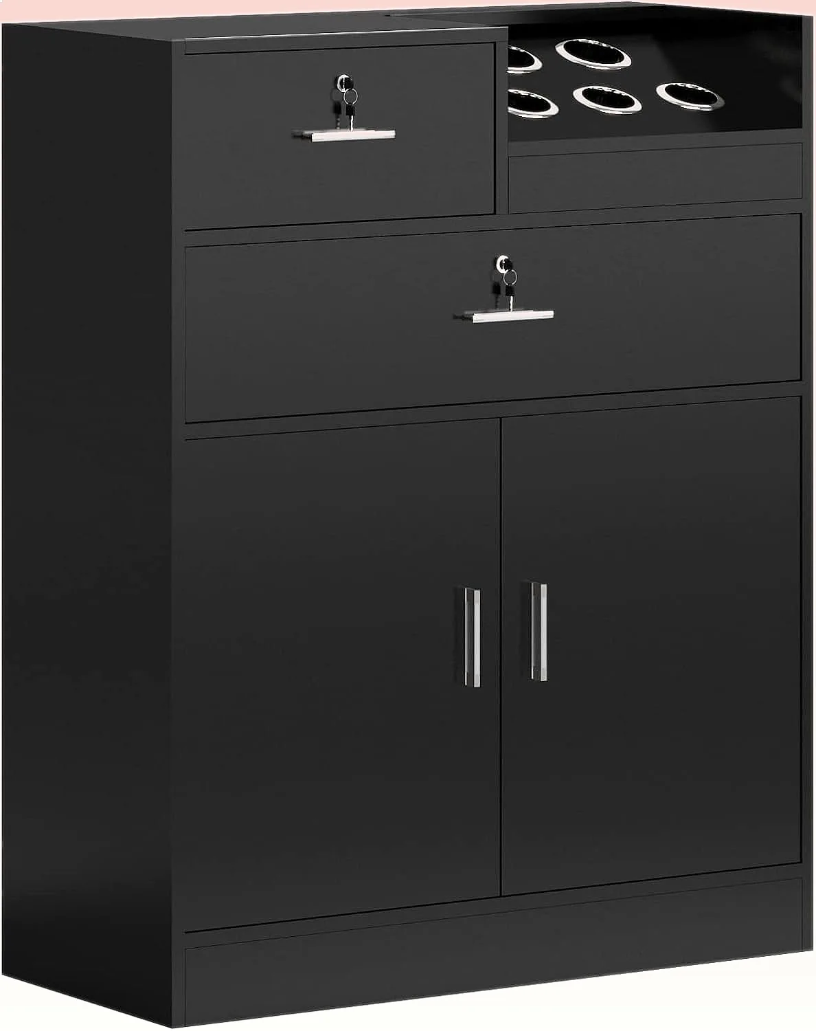 OmySalon Salon Storage Cabinet with Lock & 5 Hair Dryer Holders, 2 Drawers