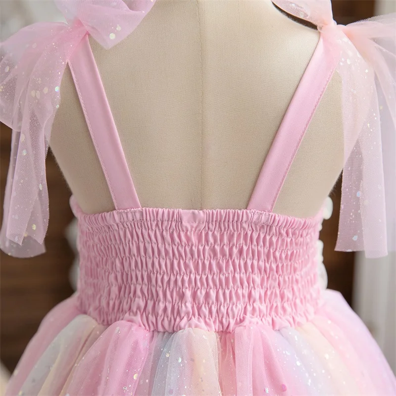 Infant Girl Rainbow Mesh Tulle Dress Sequin Girl Birthday Party Princess Dresses Baby Girl Sling Sleeveless Bowknot Tutu Dress