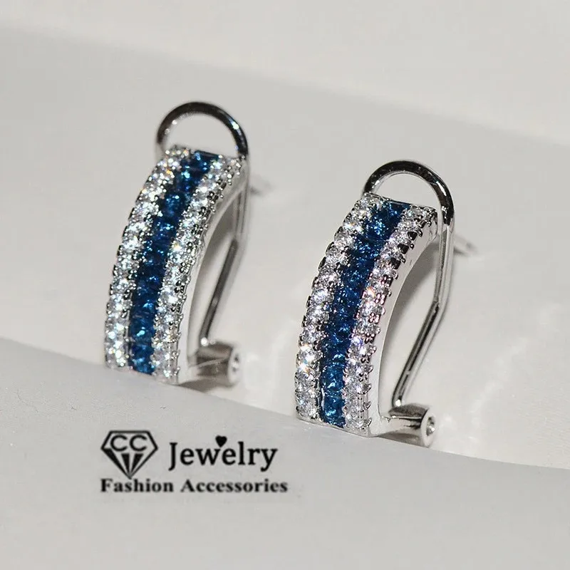 Stud Earrings For Women Blue Cubic Zirconia Brincos Bridal Wedding Ear Clip Fine Jewelry Fashion Bijoux CCE733