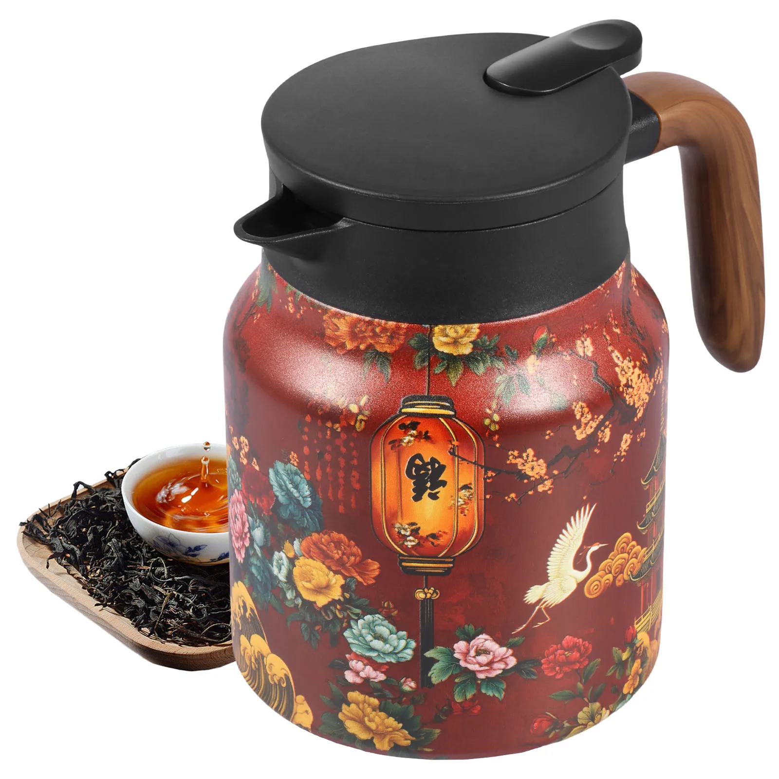 

Винтажный чайник с цветочным узором, термочайник из нержавеющей стали с вакуумной изоляцией 33,82 унции со съемным заварочным устройством и деревянной ручкой