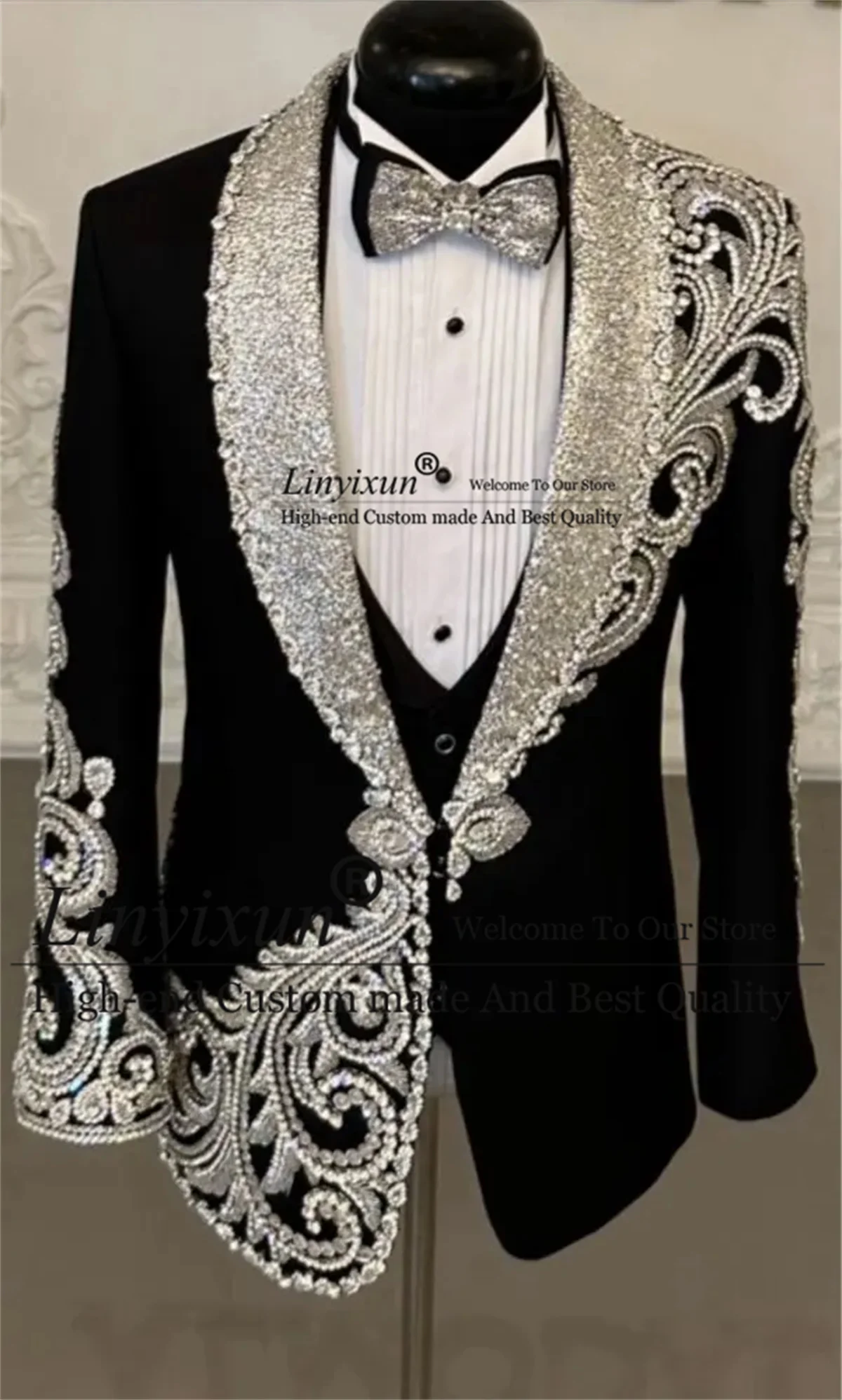 Esmoquin de adorno con cuentas de lujo para hombre, traje de lentejuelas brillantes, Laple, Blazers de fiesta de novio de boda, conjunto de 3 piezas