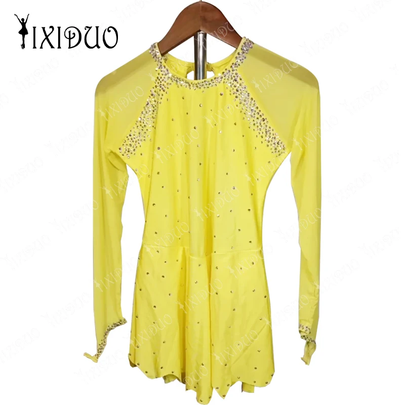 2024 New Women's Yellow Figure Skating Skirt Long Sleeve Round Neck Artistic Gymnastics Drill Girls Adult Skating Skirt