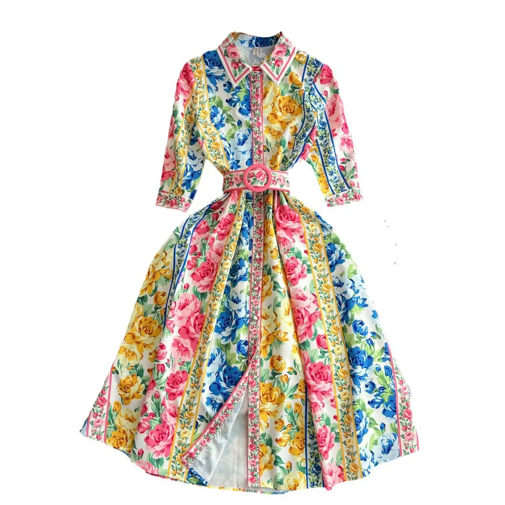 Bohemian Style Party Dress Women Lapel Short Sleeved Printed Floral Dresses Ladies Spring Summer Elegant Slim A-line Midi Robe
