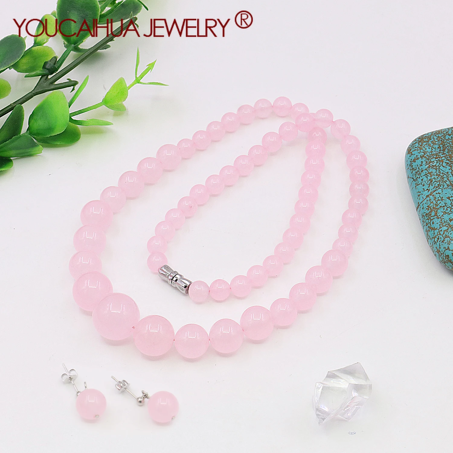 6-14mm Natural Pink Gemstone Chalcedony Round Bead Necklace/earring Set,Tower NeckChain,Transparent Stone Women\'s Jewelry 18inch