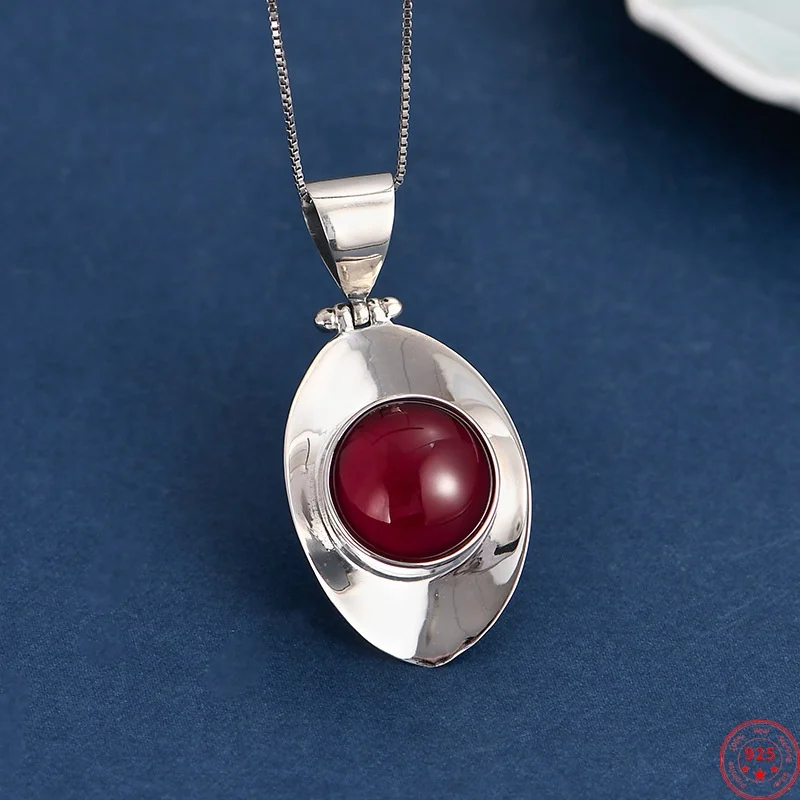 S925 Sterling Silver Pendants for Women New Fashion Geometric Smooth Egg-faced Red Corundum Punk Jewelry Free Shipping