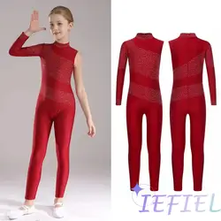 Girls One Shoulder Dance Jumpsuit Sparkly Rhinestones Rhythmic Gymnastic Figure Skating Jazz Ballet Bodysuit Full Length Leotard