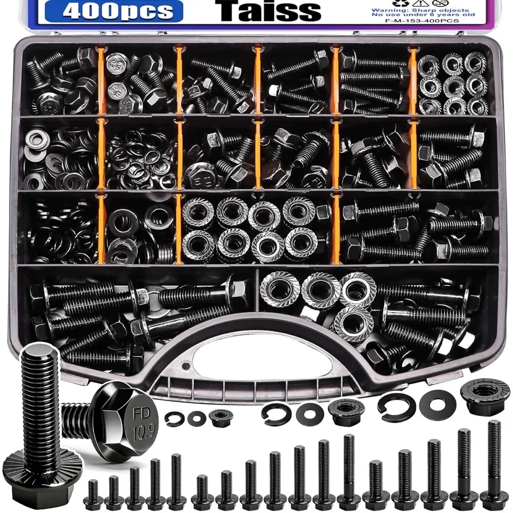 

400 Piece Metric Flange Bolt Kit 10.9 Grade M6 M8 M10 Black Zinc Hex Bolts Nuts Washers