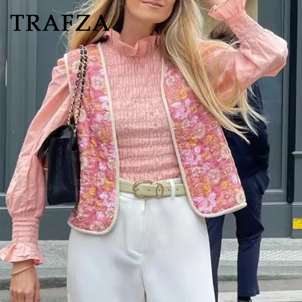 

TRAFZA 2023 Autumn Print Women Flowers Vest Sleeveless Double-Side Waistcoats Streetwear Elegant Fashion Female Open Outwears