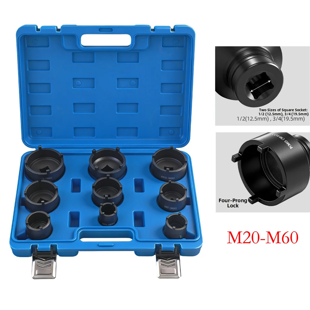 

9PCS Heavy Duty 4Tooth Wheel Hub Bearing Hub Axle Nut Socket Disassembly M20-M60 for Power Tool Accessory